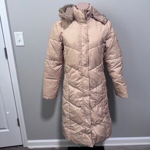 Steve Madden Long Puffer Coat Large Golden Tan Fur Hood Winter